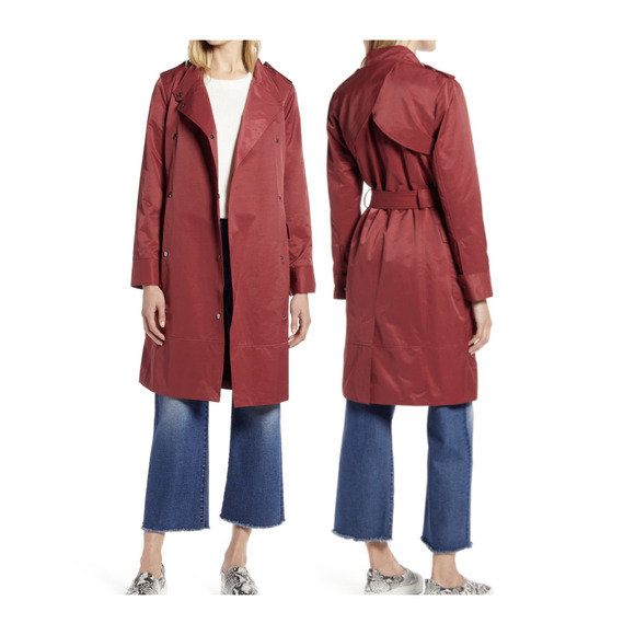 Halogen Jackets & Blazers - Halogen Womens Patch Pocket Trench Coat Belted Long Sleeve Red S Small